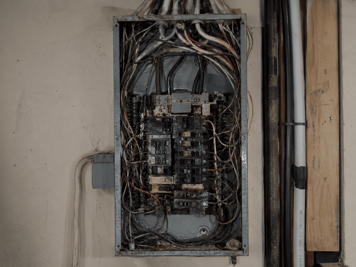 Cuadro eléctrico antiguo y desordenado