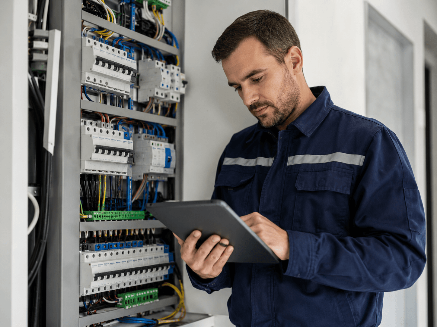 Técnico revisando información para preparar un presupuesto eléctrico